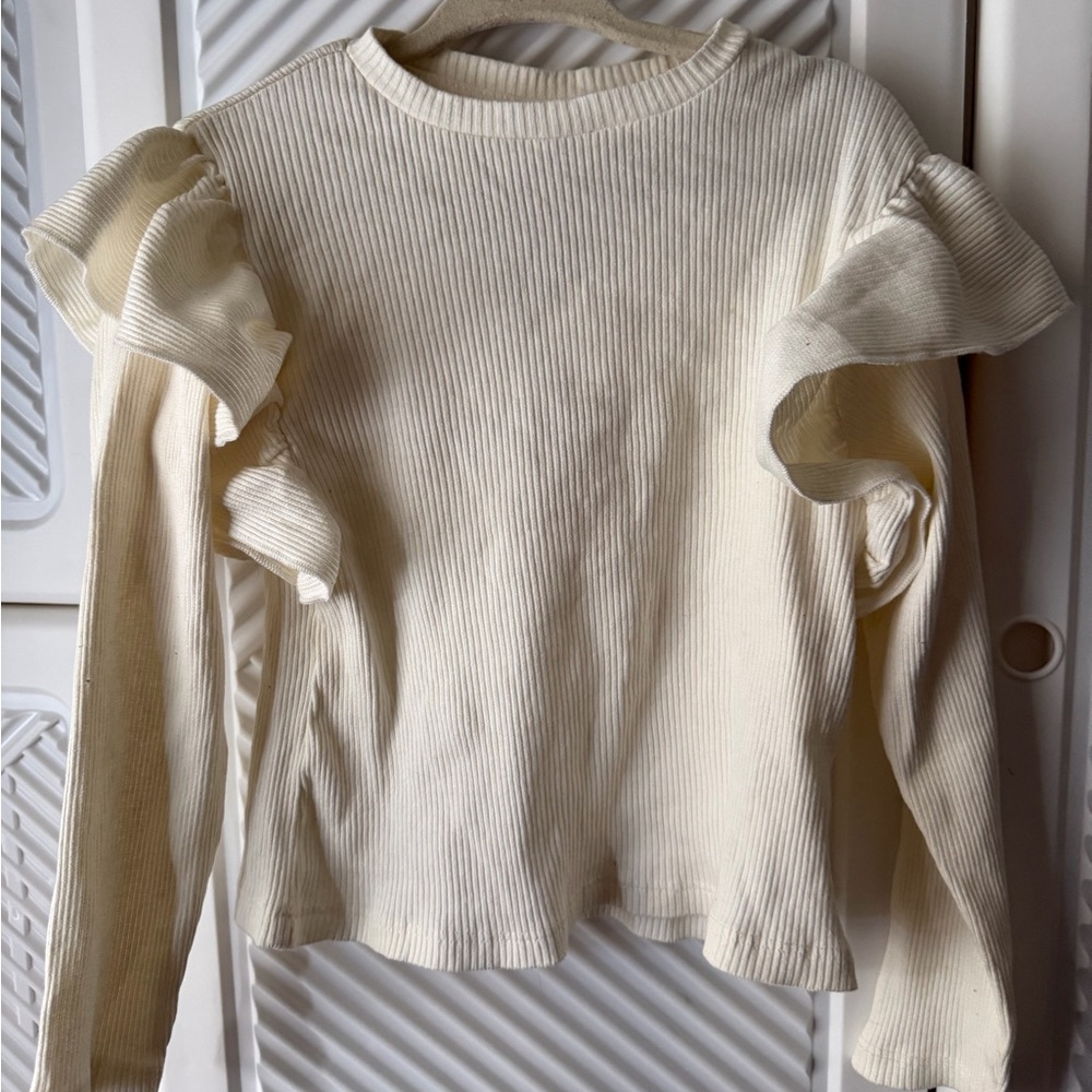 Zara Girls Cream Ruffled Ribbed Long-Sleeve Top